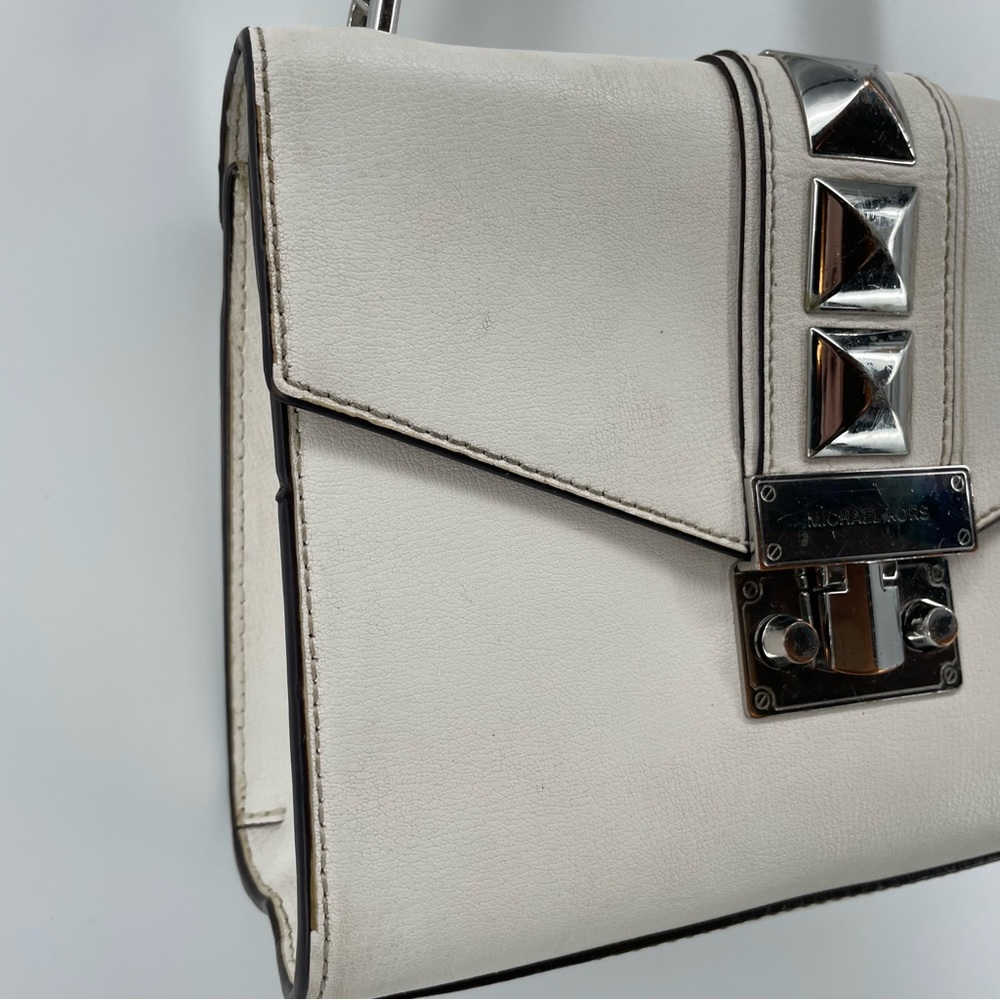 Michael Kors Rose Medium Flap Shoulder Bag White Leather Studded - Picture 3 of 15